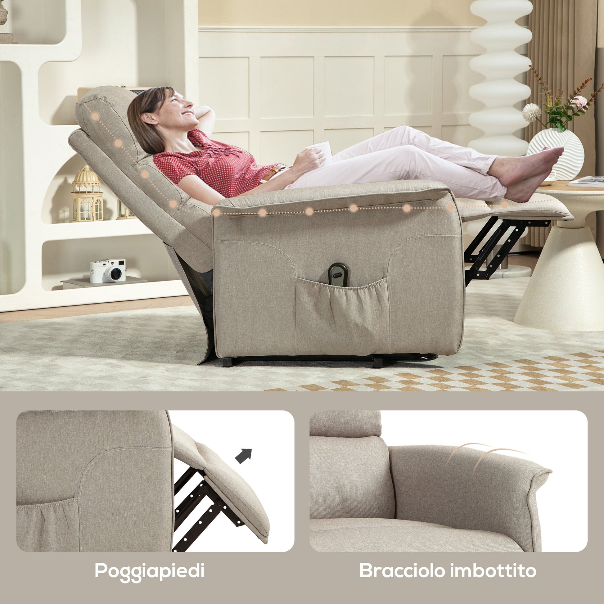 HOMCOM Electric Reclining Lift Chair with Footrest, Remote Control, Wheels and Pocket, Beige - Borgè