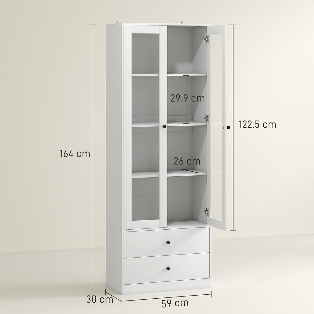 Kitchen Sideboard with Cabinet and 2 Drawers, Glass Doors and Adjustable Shelves, 59x30x164 cm, White