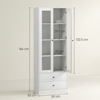 Kitchen Sideboard with Cabinet and 2 Drawers, Glass Doors and Adjustable Shelves, 59x30x164 cm, White