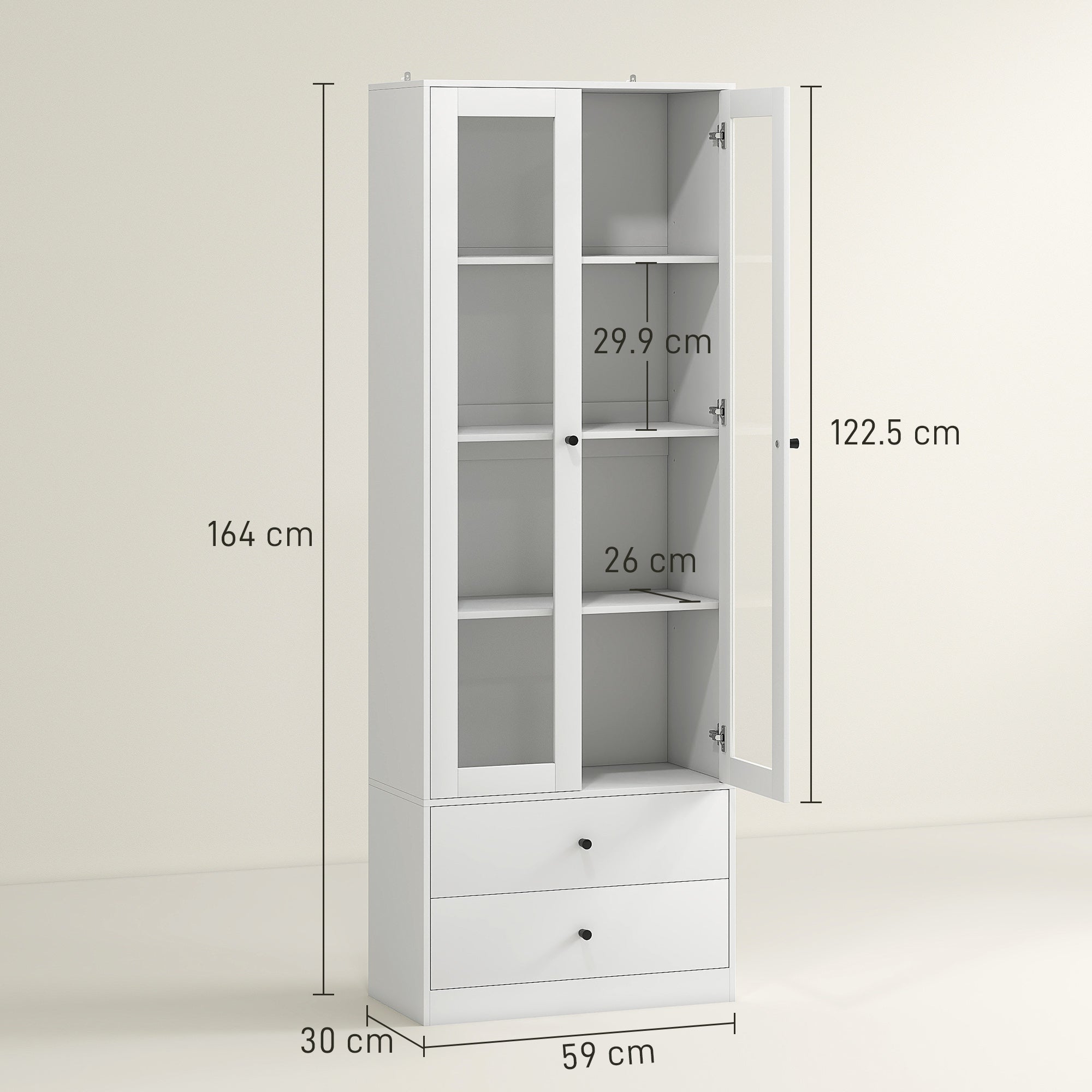 Kitchen Sideboard with Cabinet and 2 Drawers, Glass Doors and Adjustable Shelves, 59x30x164 cm, White