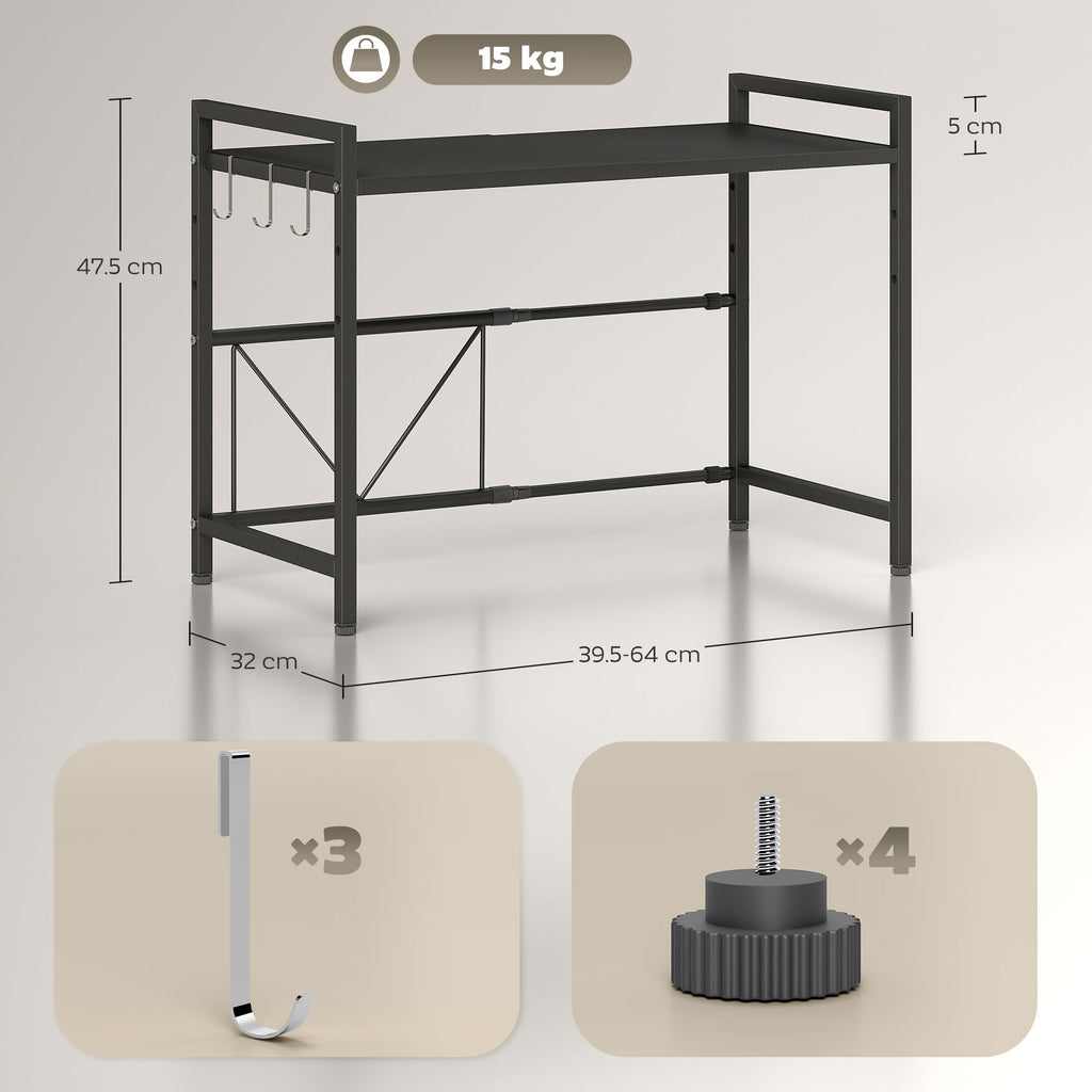 2-Tier Expandable Microwave Stand with 3 Hooks, Metal, 39.5-64x32x47.5 cm, Black