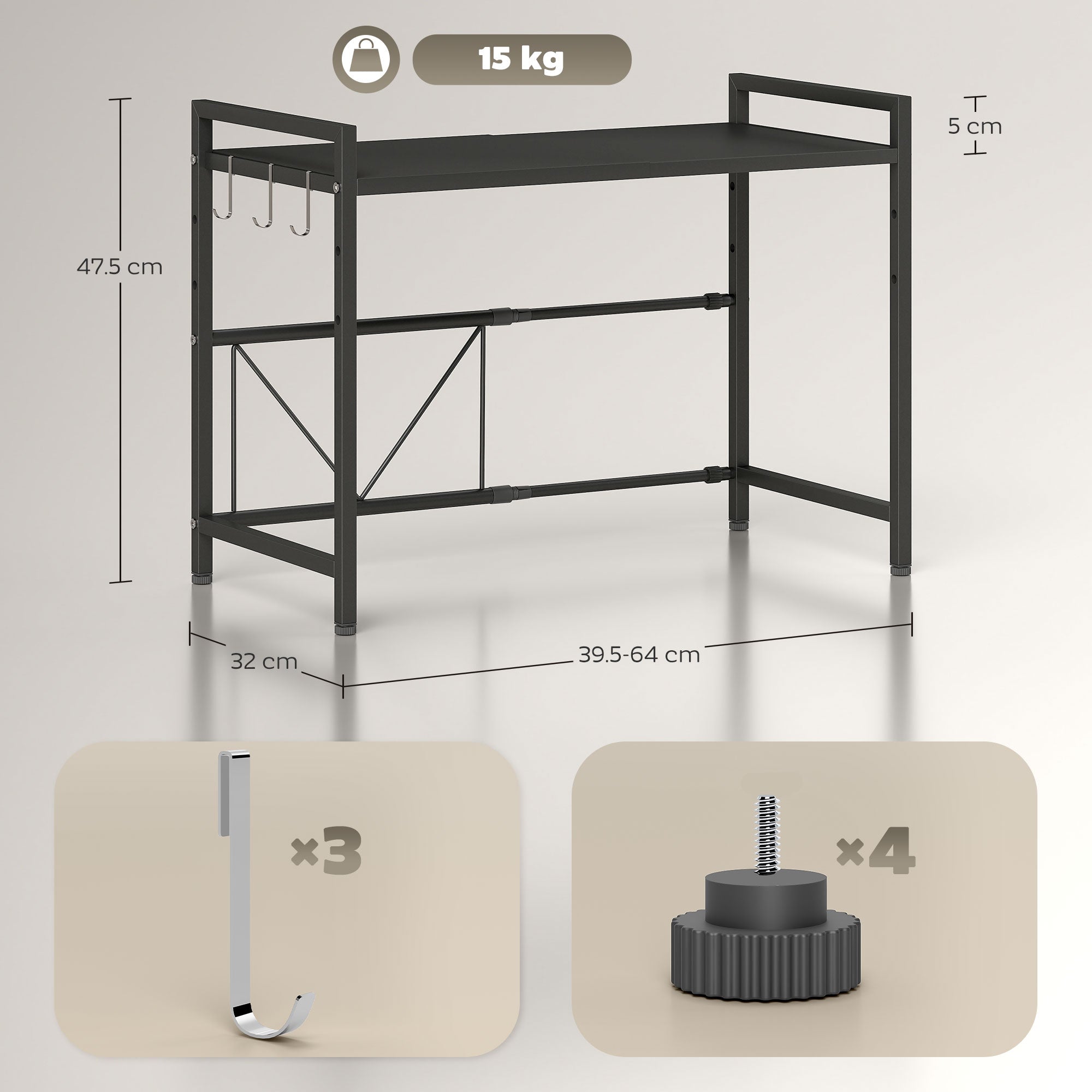 2-Tier Expandable Microwave Stand with 3 Hooks, Metal, 39.5-64x32x47.5 cm, Black