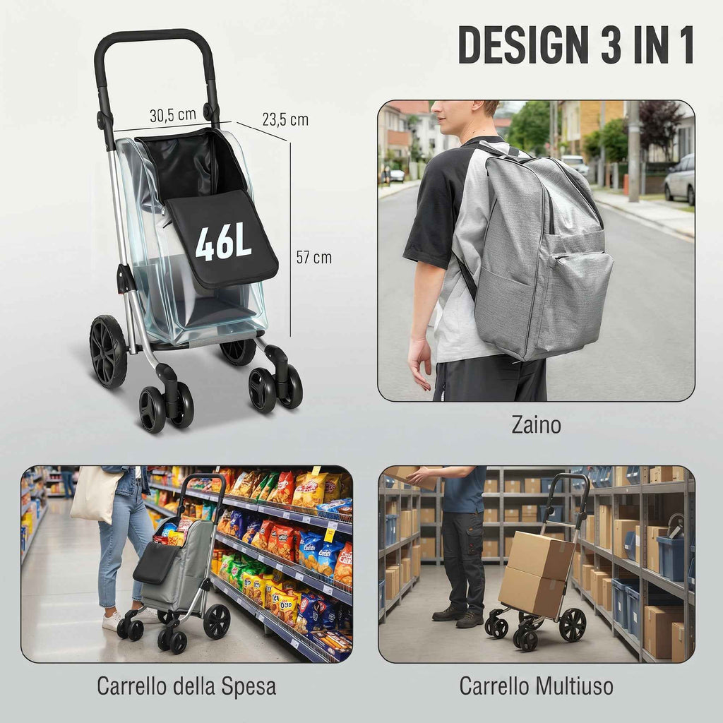 HOMCOM Folding Aluminum Shopping Cart with Wheels, 46L Bag, Refrigerated Compartment, Adjustable Handle, Gray