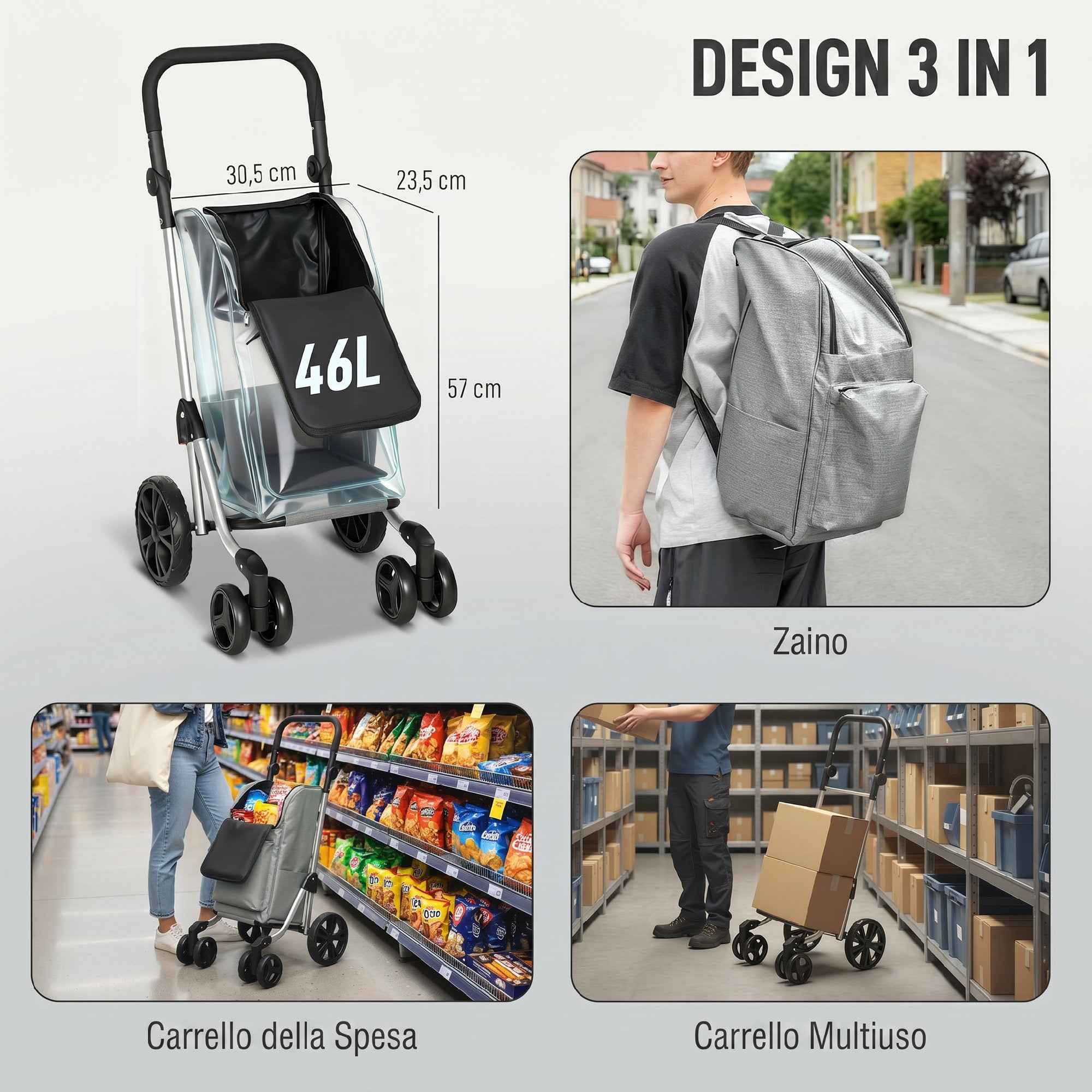 HOMCOM Folding Aluminum Shopping Cart with Wheels, 46L Bag, Refrigerated Compartment, Adjustable Handle, Gray