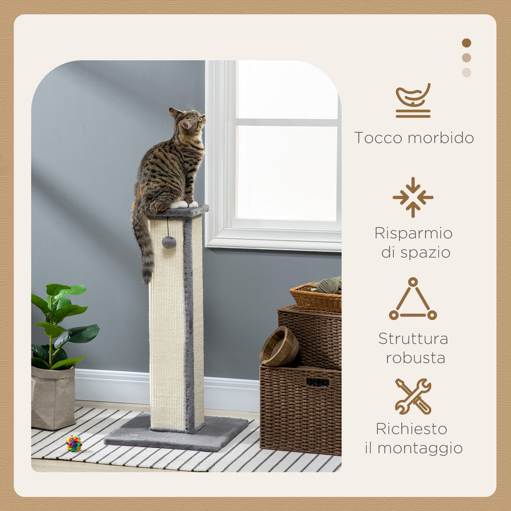 Scratching Post for Cats with Ball, Sisal Pole and Plush Cover, 41x41x81 cm, Gray