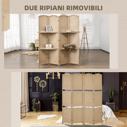 4-Panel Folding Room Divider with Shelves 160x170cm, Natural Color