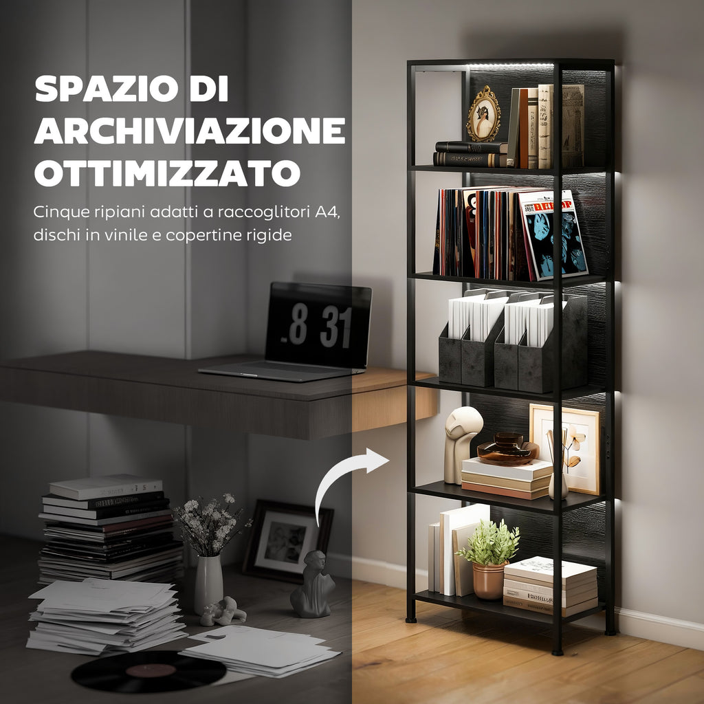 Industrial Style 5-Tier Bookcase with LED Lighting, Metal and Wood, 60x30x179 cm, Black