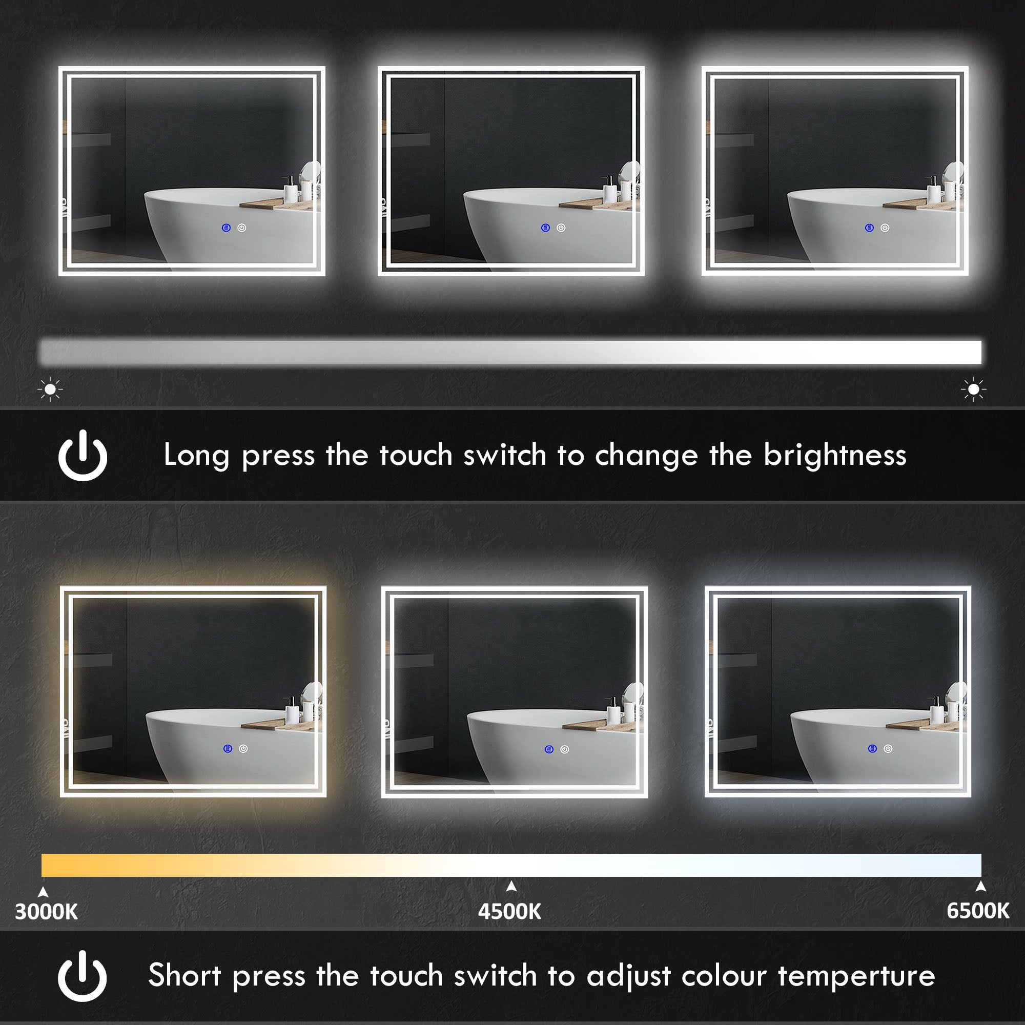 Kleankin Bathroom mirror with LED light 3 levels rectangular, anti -explaiming and touch switch, 90x70cm - Borgè