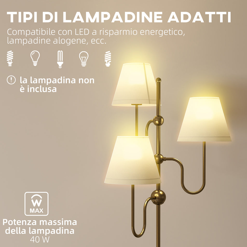 165cm High Floor Lamp with 3 Light Points and Foot Switch, E27 Socket Max 40W, Gold