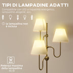 165cm High Floor Lamp with 3 Light Points and Foot Switch, E27 Socket Max 40W, Gold