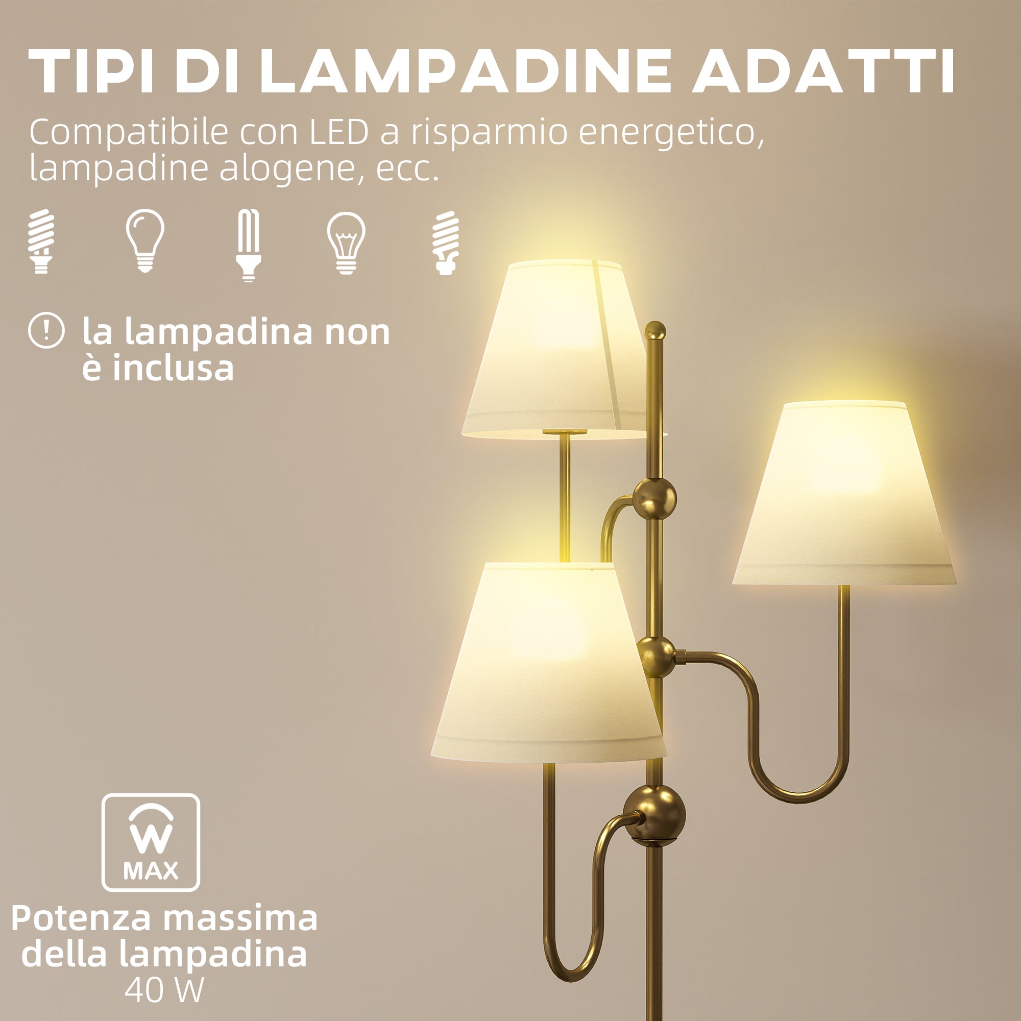 165cm High Floor Lamp with 3 Light Points and Foot Switch, E27 Socket Max 40W, Gold