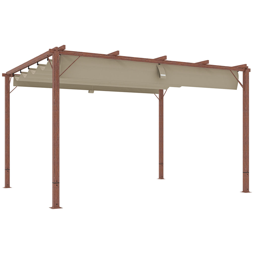 Gazebo Pergola with Retractable Roof, Pegs and Screws, in Polyester and Aluminum, 382x300x232 cm, Wood Color