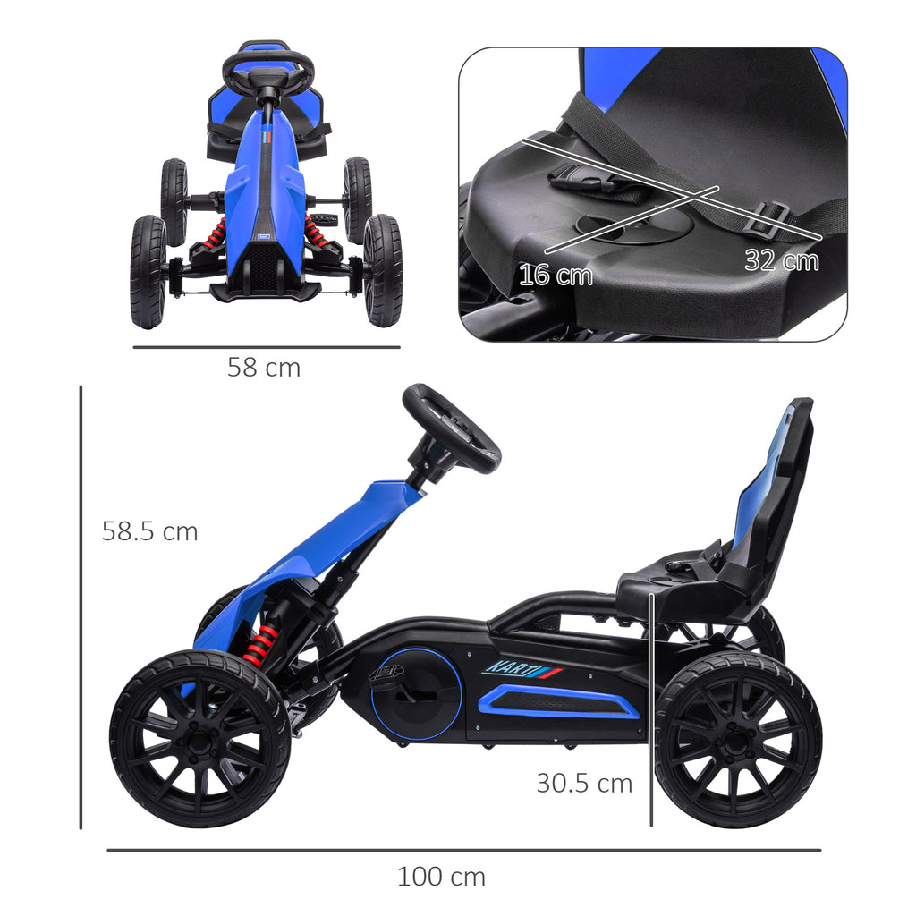 Pedal Go Kart for Kids Ages 3-8 with Adjustable Seat and EVA Wheels, 100x58x58.5 cm, Blue