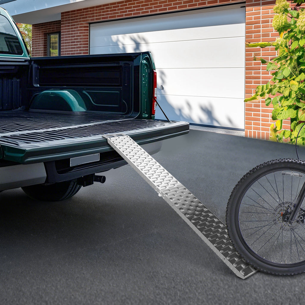 Folding Non-Slip Motorcycle Loading Ramp with Safety Strap, Steel, Silver