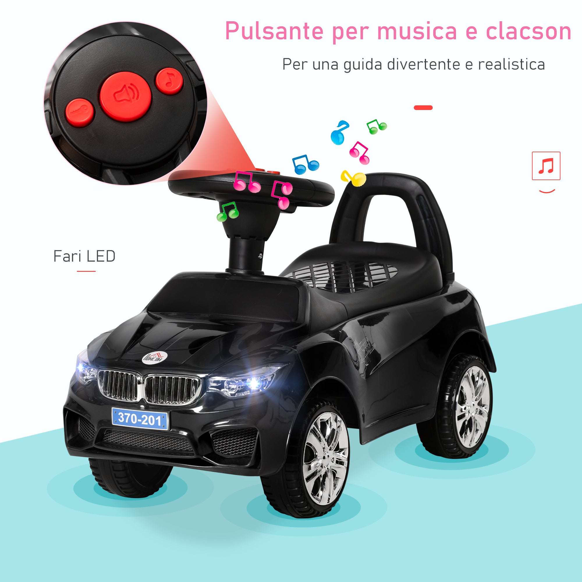 Children's Ride-On Toy Car with Steering Wheel, Built-in Lights and Music, PP and Metal, 63.5x28x36 cm, Black
