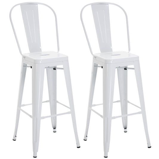 Set of 2 Stackable Metal Bar Stools with Removable Backrest and Footrest, White