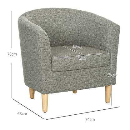 Modern Tub Chair in Linen Effect Fabric with Wooden Legs, 74x63x73cm, Grey