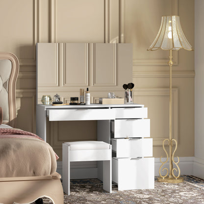 Dressing Table Set with Mirror and 5 Drawers 97.2x44. 5x136. 5 cm and Padded Stool 40x24x46 cm, White