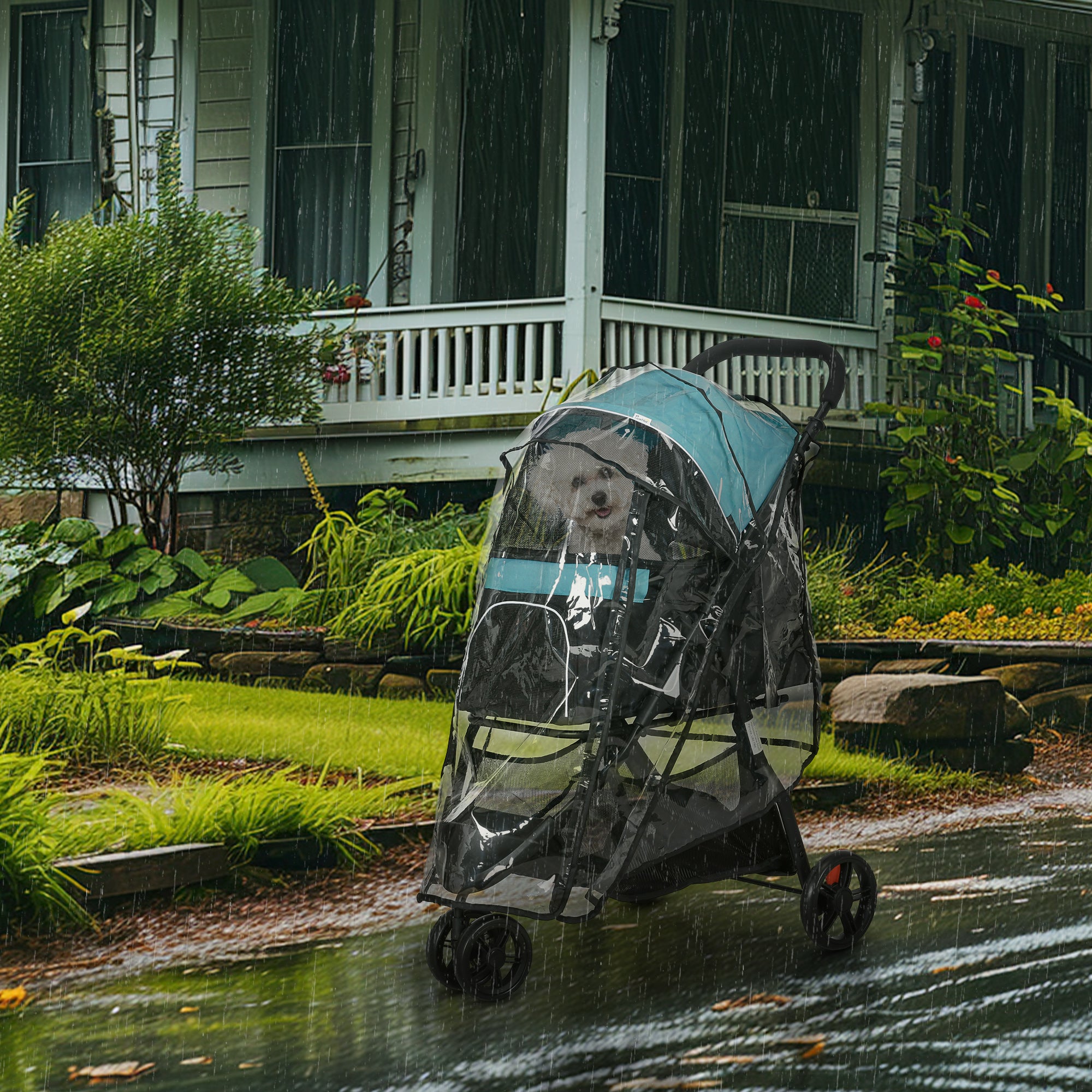 3-Wheel Folding Small Dog Stroller with Rain Cover and Basket, Dark Green