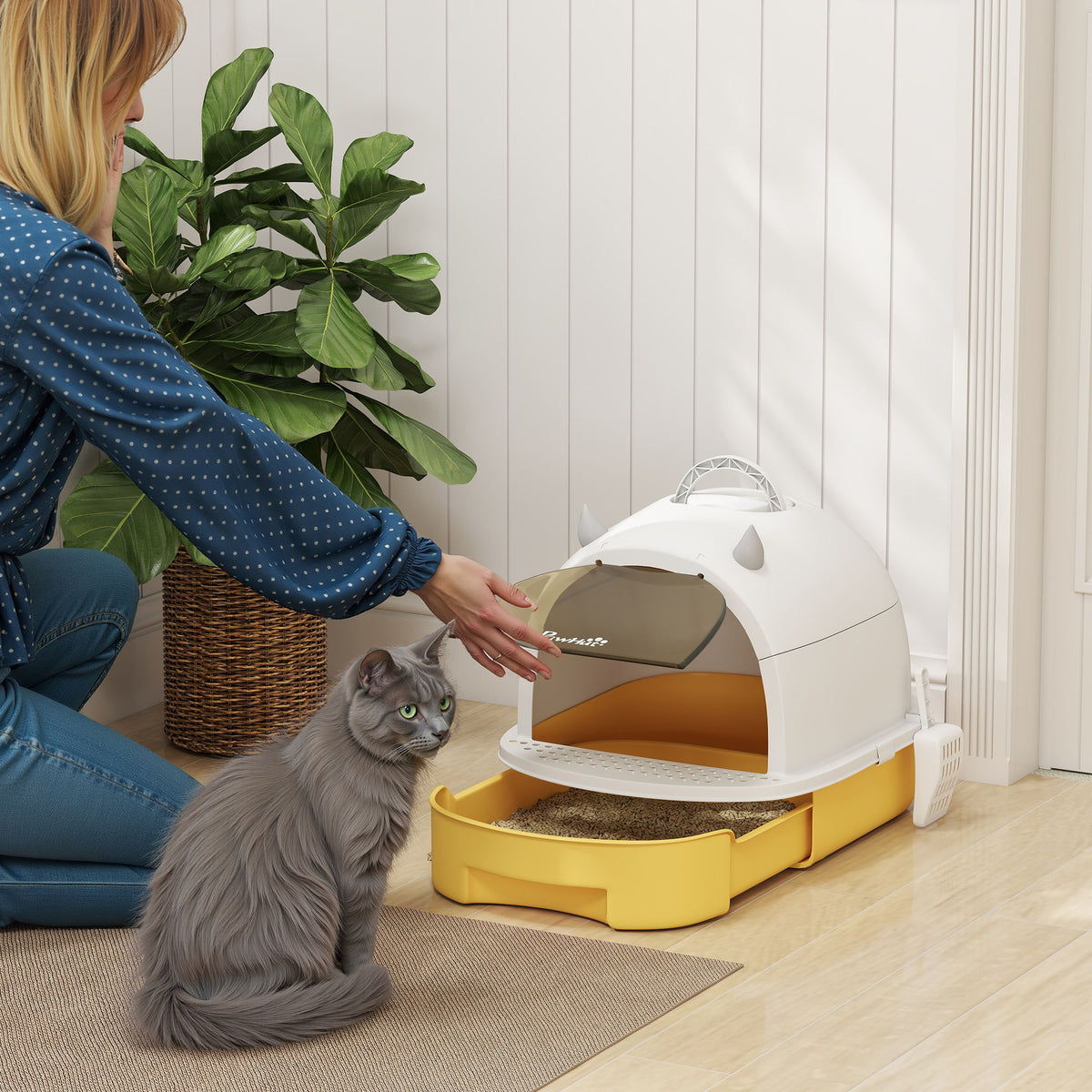 PawHut Enclosed Cat Litter Box with Removable Tray, Handle, Scoop and 2 Activated Carbon Filters, Yellow