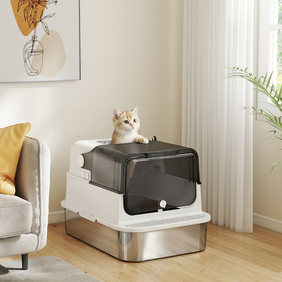 PawHut 52L Stainless Steel Enclosed Cat Litter Box with Flip Lid, Double Door, Scoop, White