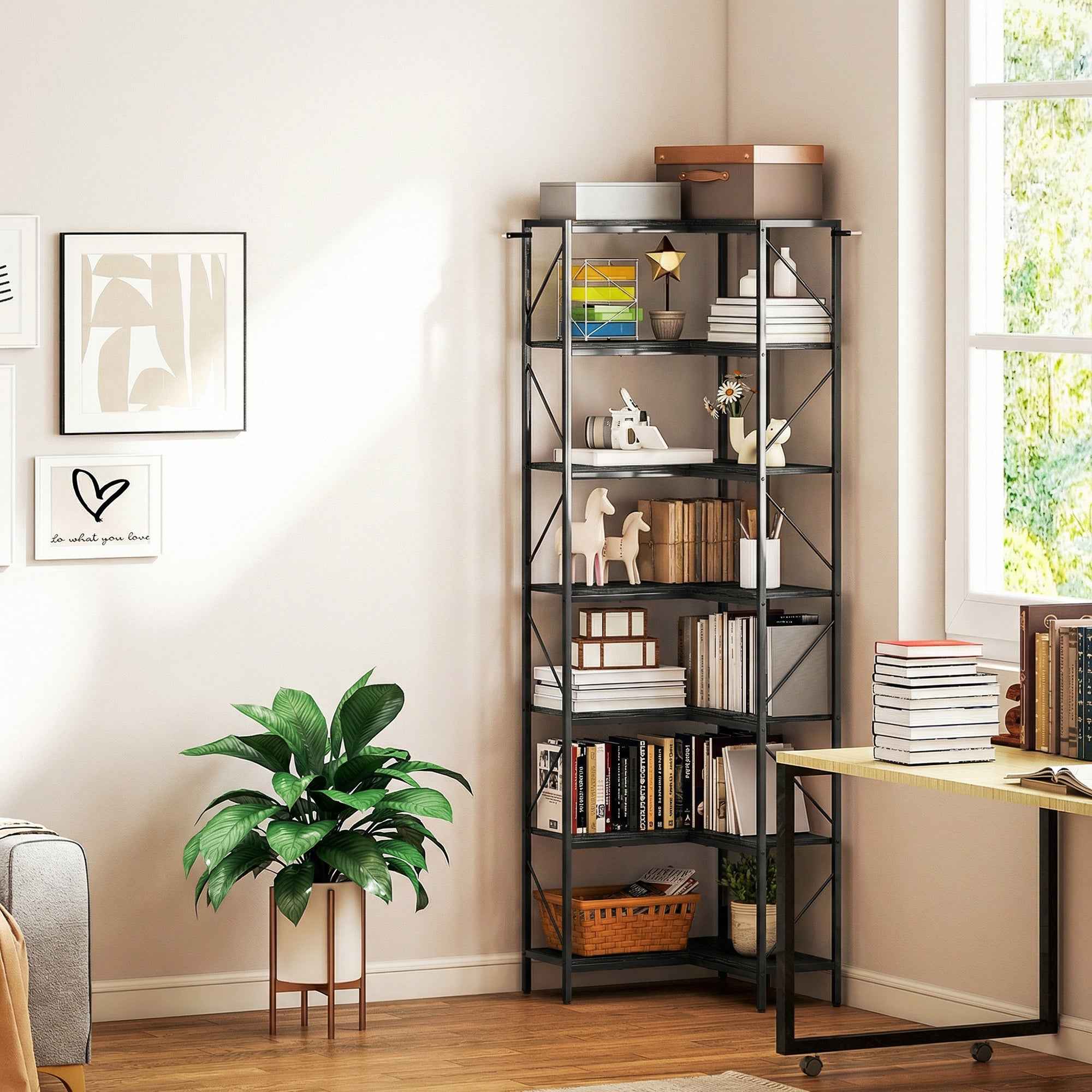 7-Tier Corner Bookcase, Industrial Shelf, Black Wood Effect