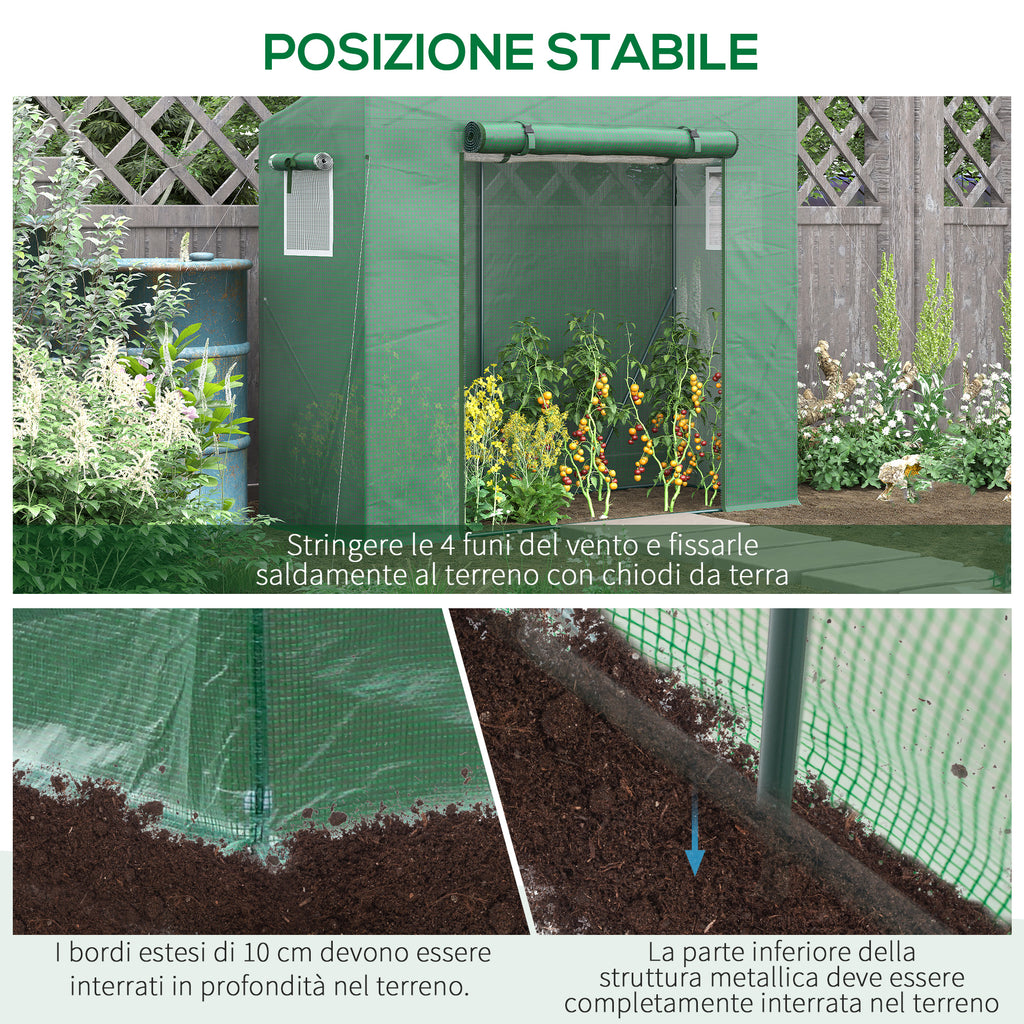 Outsunny PE and Steel Garden Greenhouse with 4 Stakes, 2 Windows and Reinforced Cover, 200x77x148-169cm
