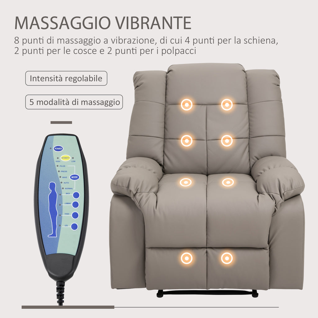 Relax Armchair with 8 Massage Points and 165° Reclining in Faux Leather, Gray - Borgè