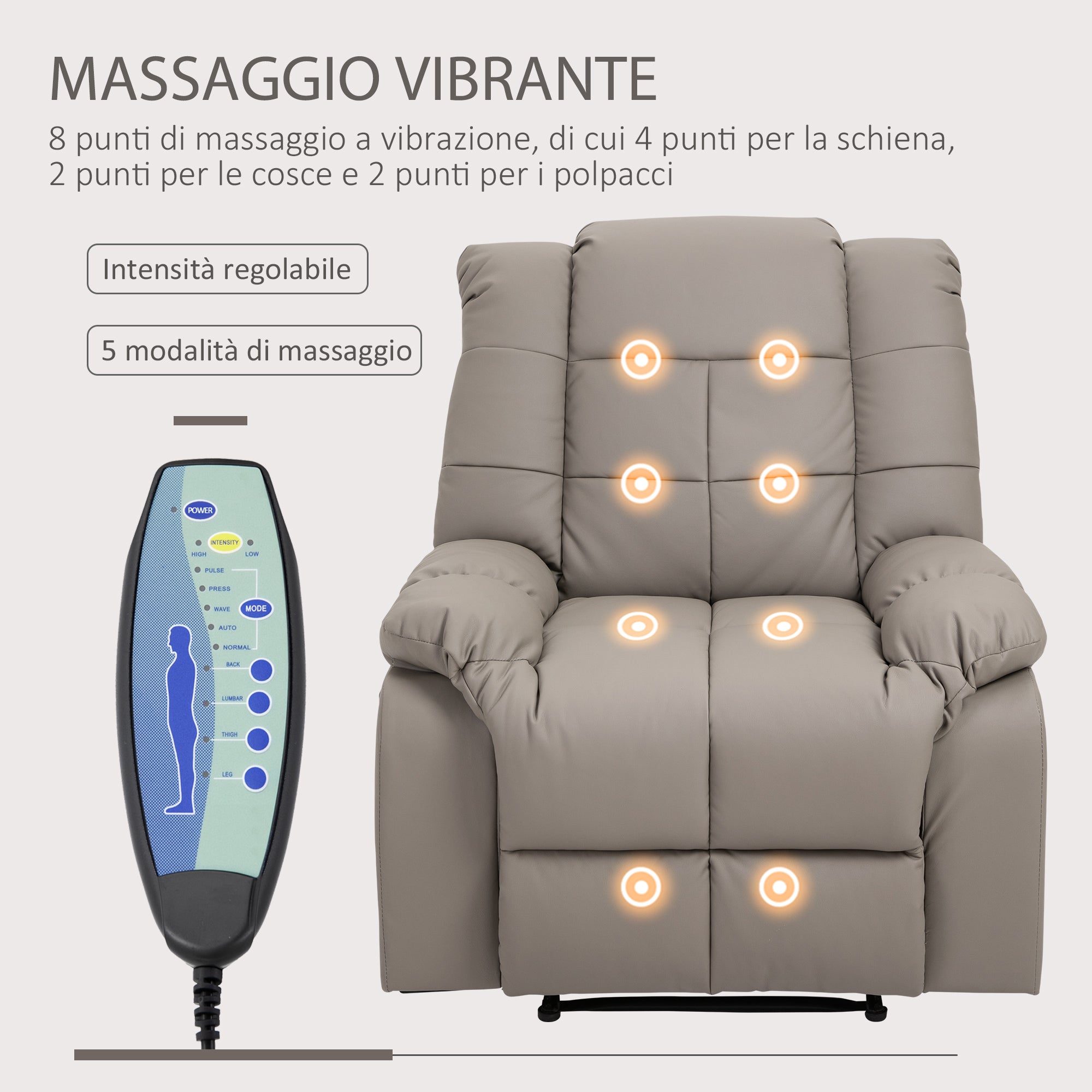 Relax Armchair with 8 Massage Points and 165° Reclining in Faux Leather, Gray - Borgè