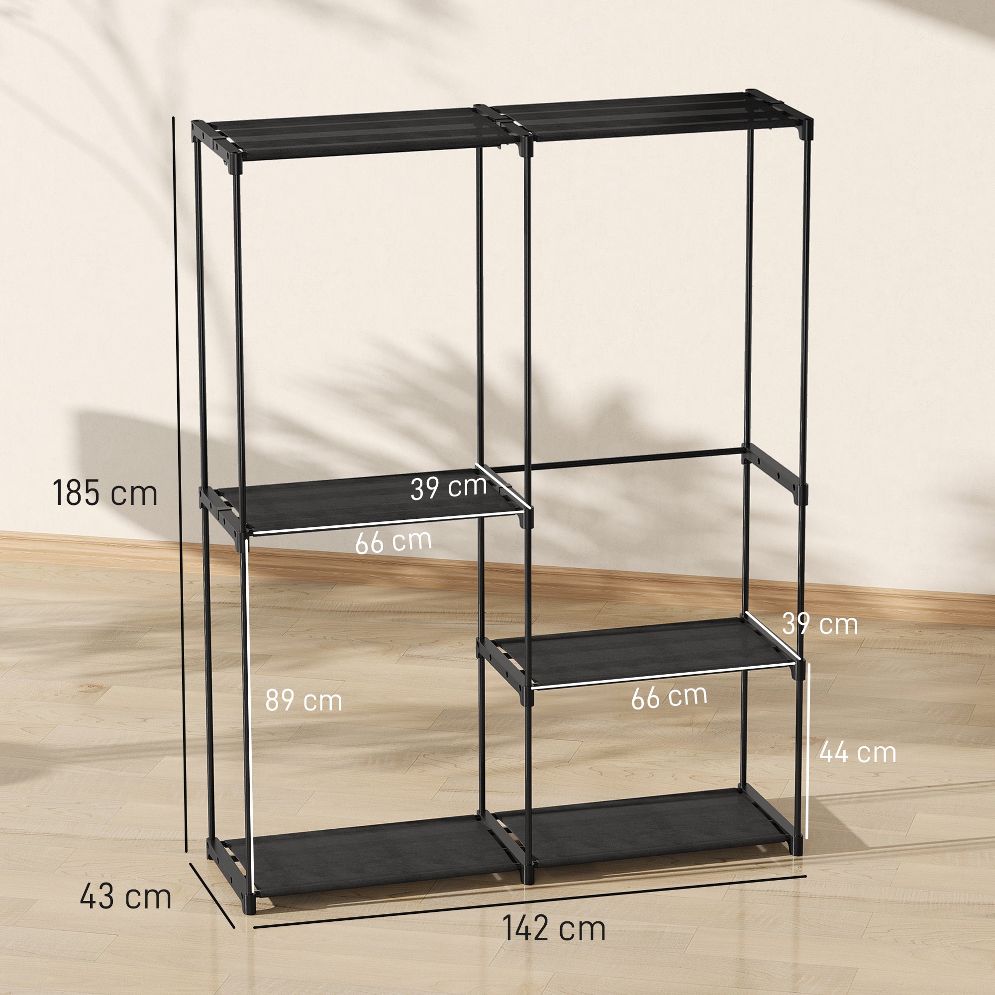 Wardrobe with 2 Rods and 4 Shelves, in Non-Woven Fabric, Plastic and Steel, 142x43x185 cm,