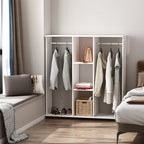 Wardrobe with Wheels, 2 Rods, and 3 Open Shelves, Made of Wood and Aluminum, 120x40x128 cm, White