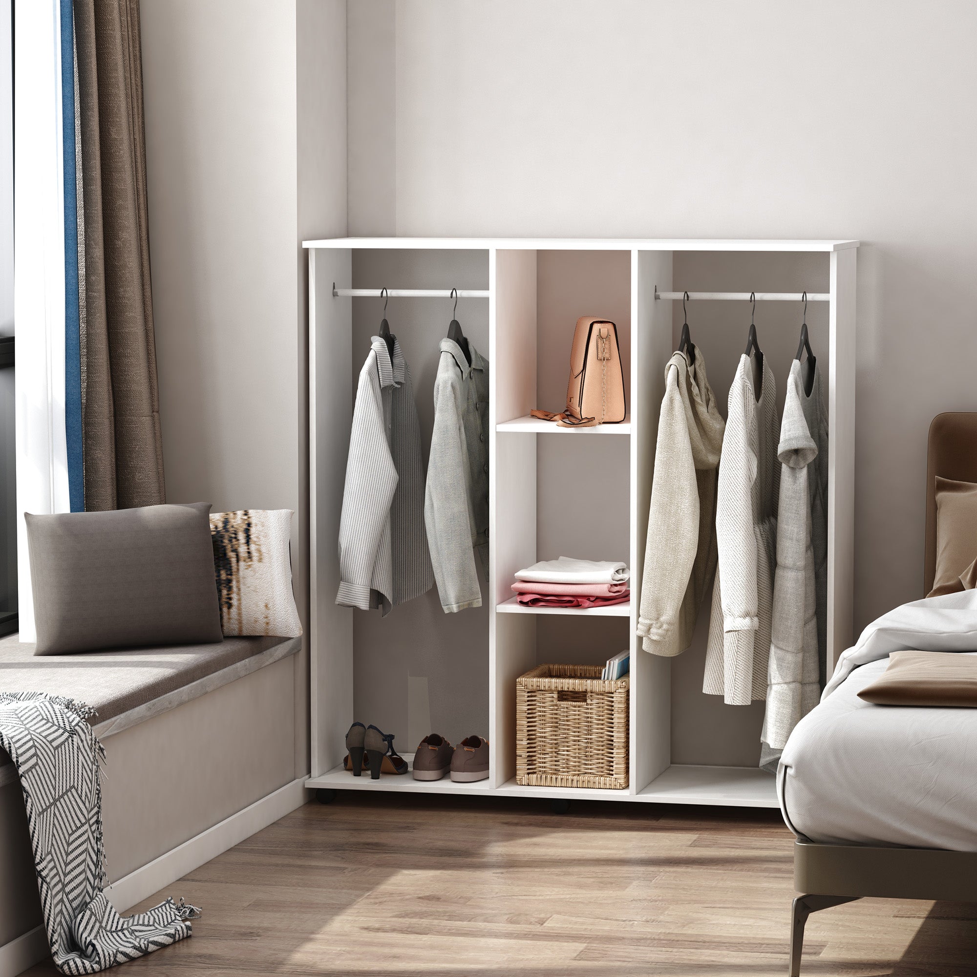 Wardrobe with Wheels, 2 Rods, and 3 Open Shelves, Made of Wood and Aluminum, 120x40x128 cm, White