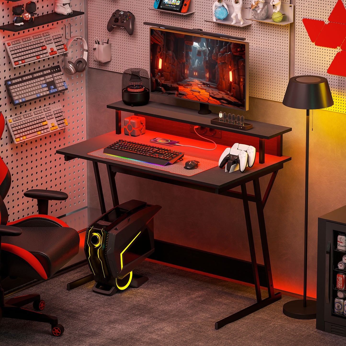 Gaming Desk with LED Lights and Monitor Stand, Chipboard and Steel, 100x60x88.5 cm, Black