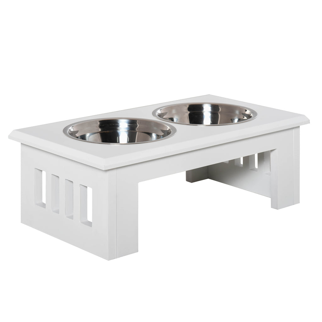 Raised Dog Bowls for Small and Medium Dogs, MDF Stand with 2 Steel Bowls, White