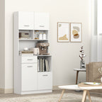 Wooden Pantry Cabinet with Drawer, 4 Cabinets and 3 Open Shelves, 80x35x180 cm, White