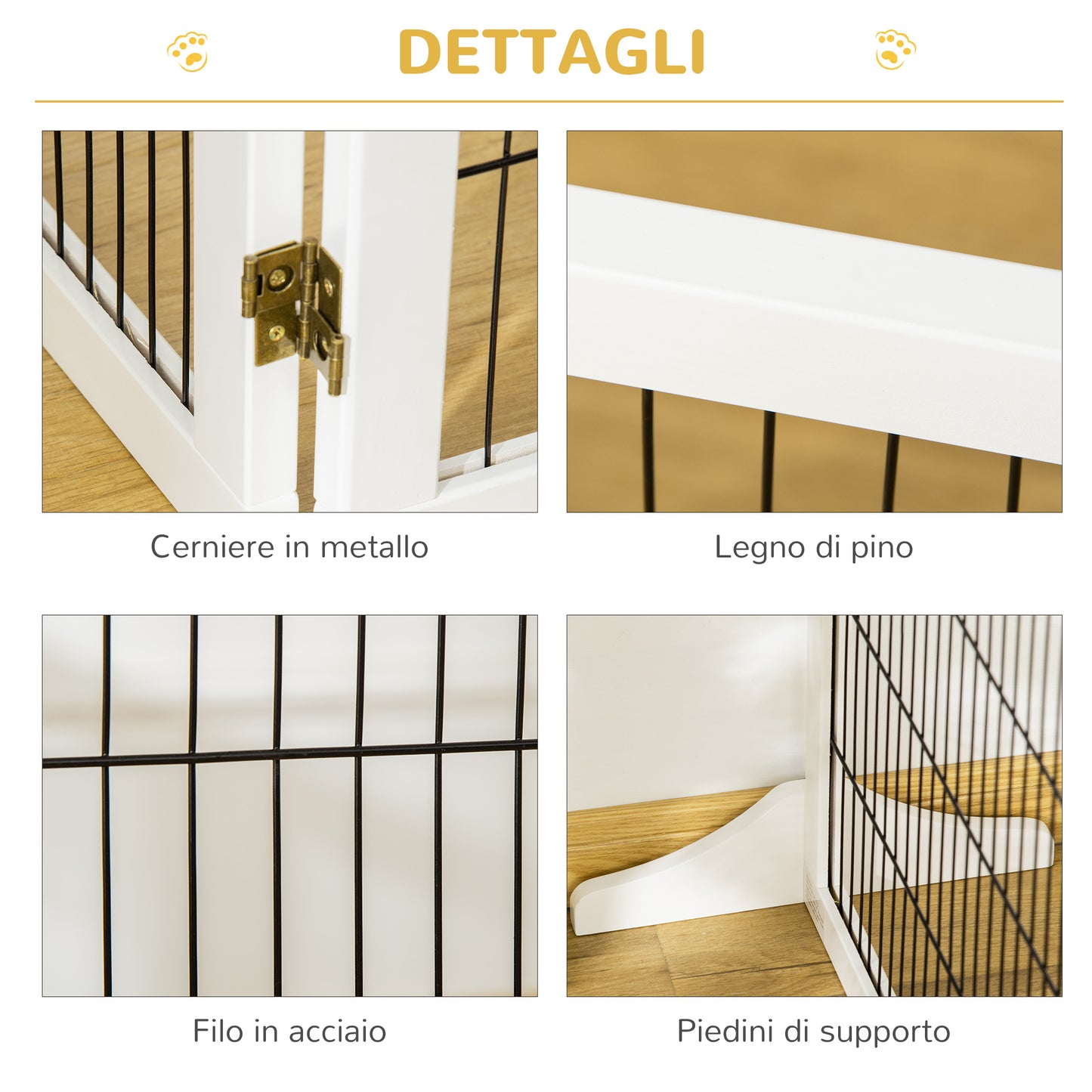 Gate for Small/Medium Size Dogs with 6 Folding Panels, in Wood and Steel, 432x36x70 cm, White