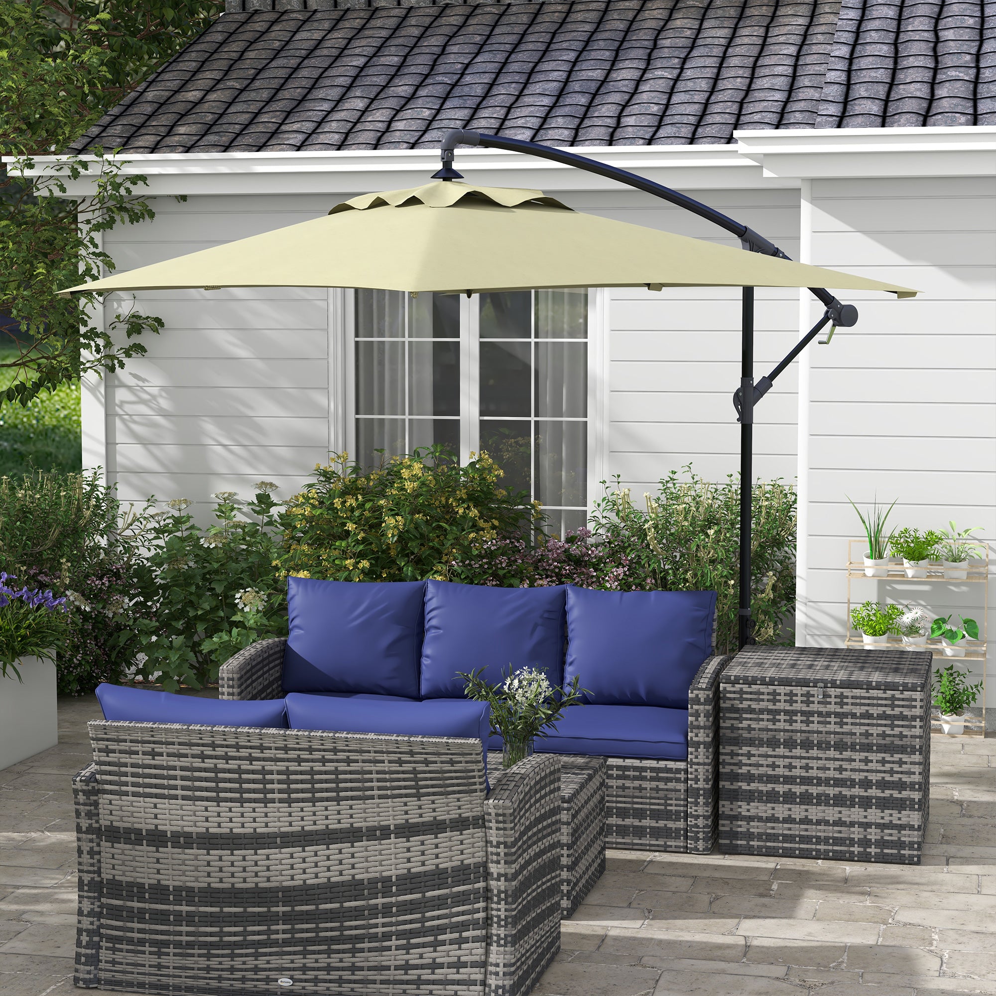 Decentralized Garden Umbrella with Cross Base and Crank Opening, 294x193cm, Beige