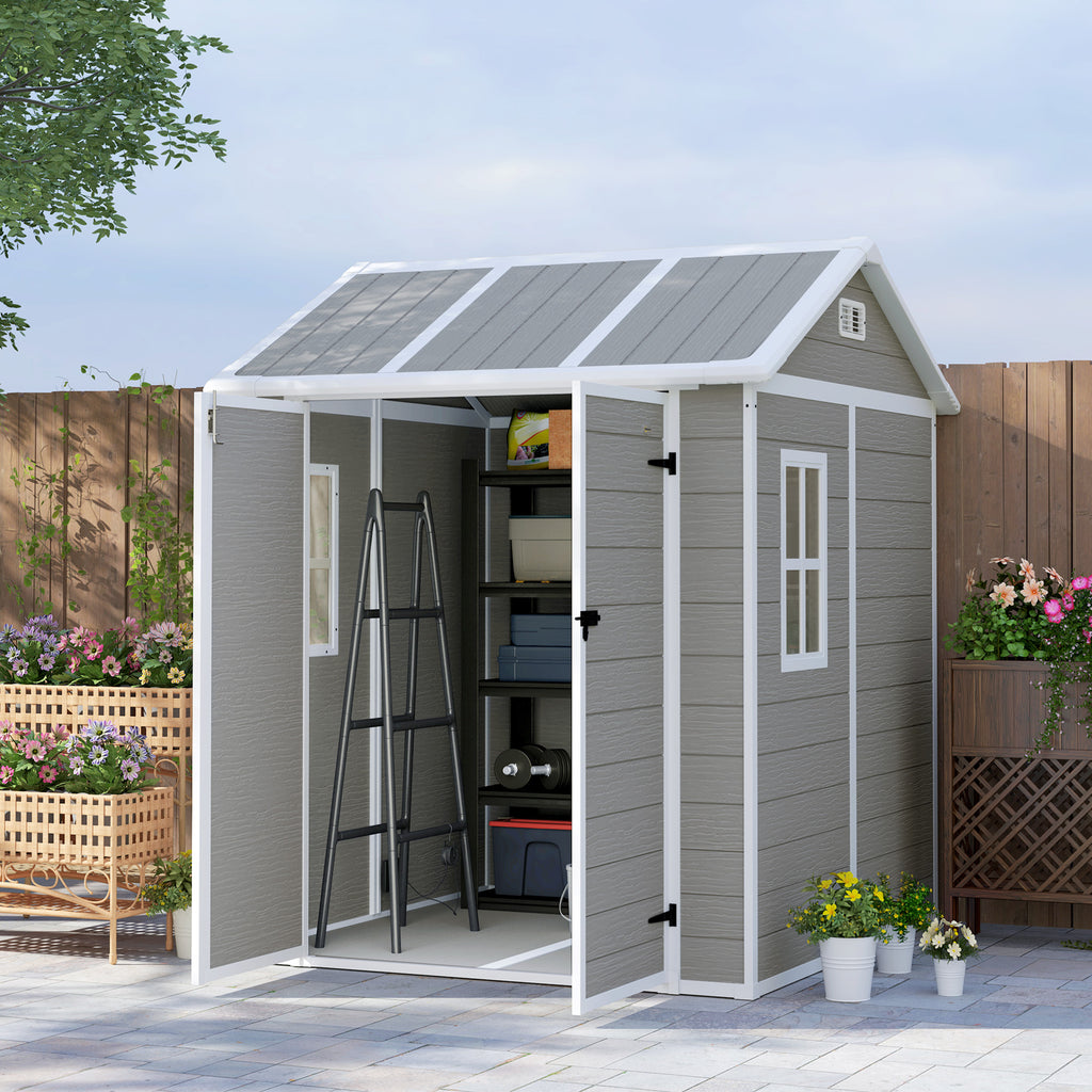 Resin Garden Shed with Floor, 2 Locking Doors, Window, 1.8x1.8m, Grey