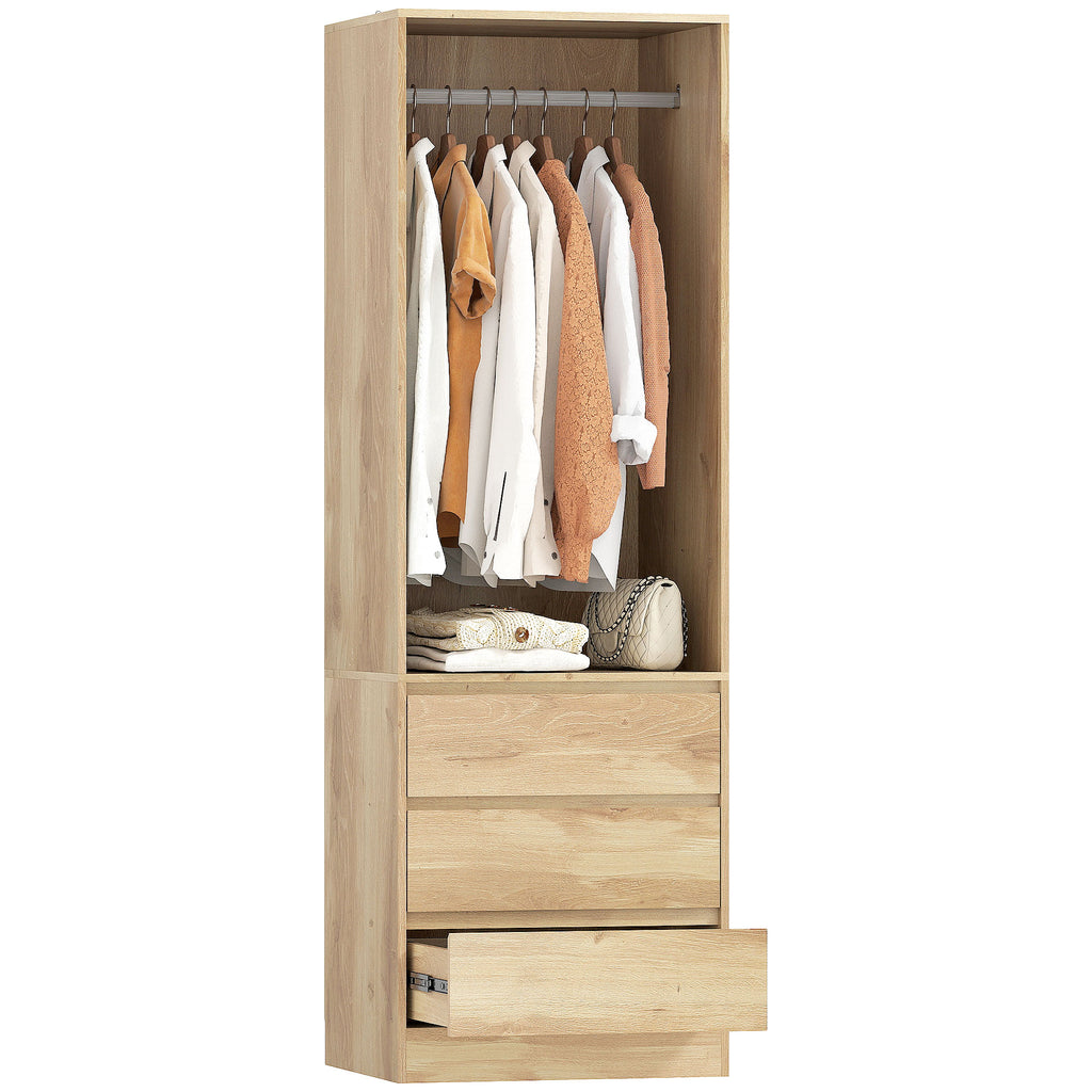 Wardrobe with Clothes Rail, Open Shelf and 3 Drawers, in Wood, 60x48.5x185 cm, Teak color
