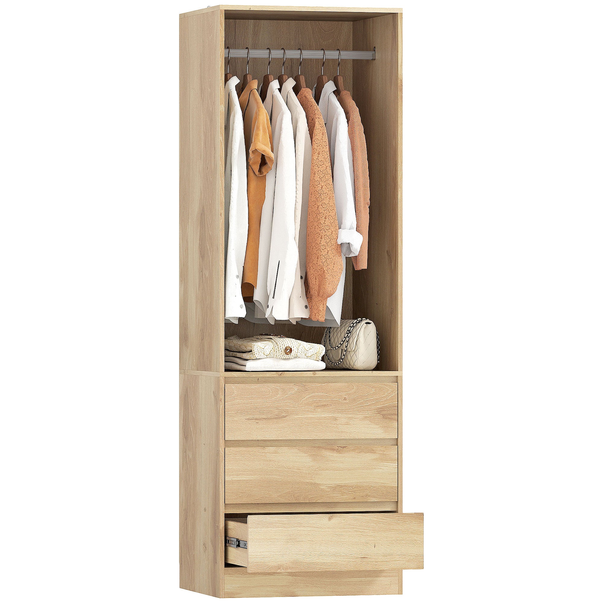 Wardrobe with Clothes Rail, Open Shelf and 3 Drawers, in Wood, 60x48.5x185 cm, Teak color