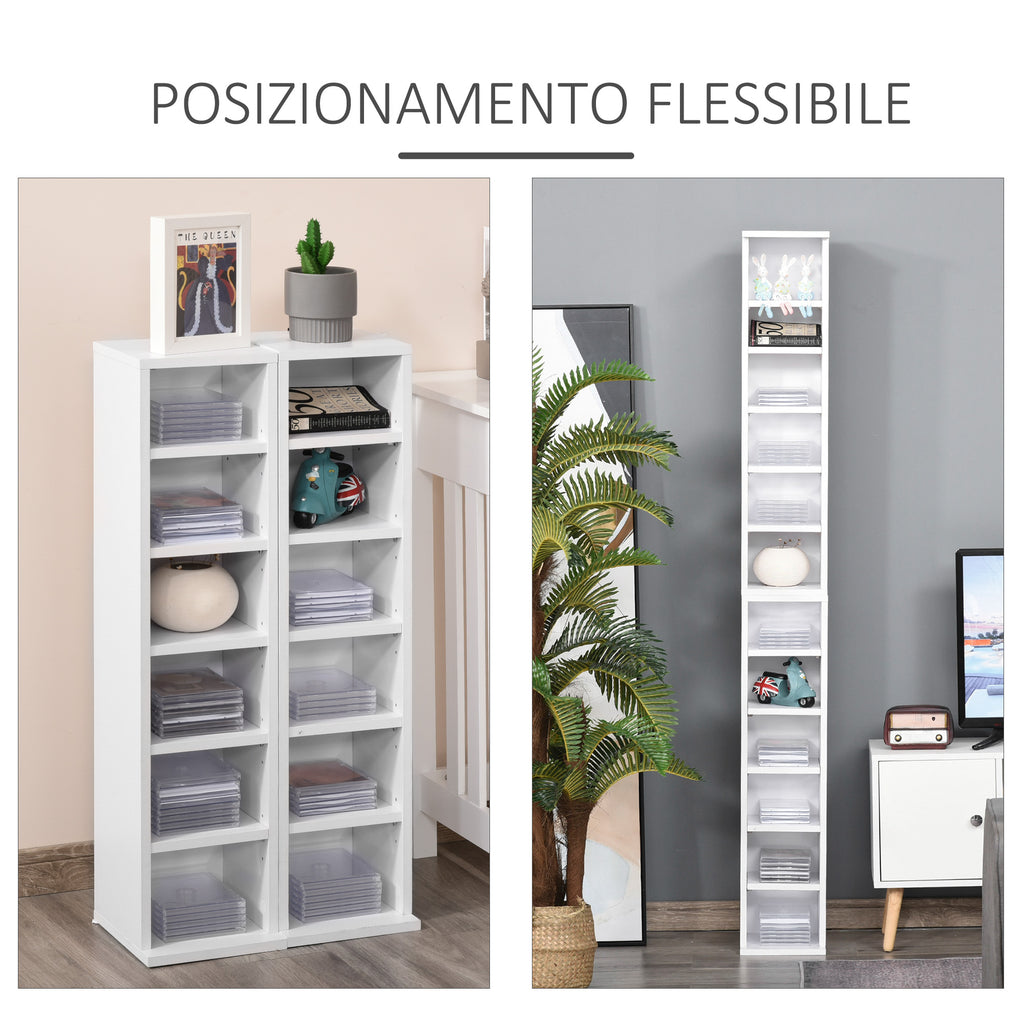 Set of 2 Bookcases CD and DVD Storage Shelf with 12 Shelves for 204 CDs, Wooden, 21x22.5x88.5 cm, White