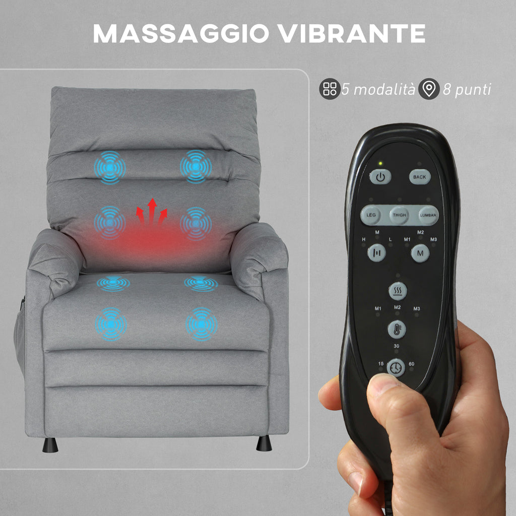 Recliner Chair with 8 Massage Points and 5 Modes, Footrest, Heating, Velvet Fabric, Grey