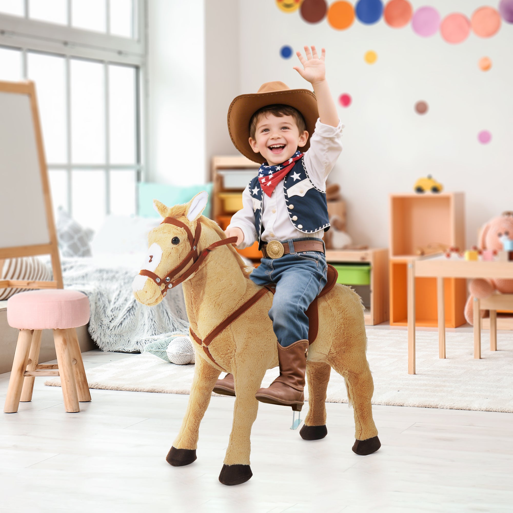 Toy Horse with Realistic Sounds, Saddle, Bridle and Footrest, 85x28x60 cm, Beige