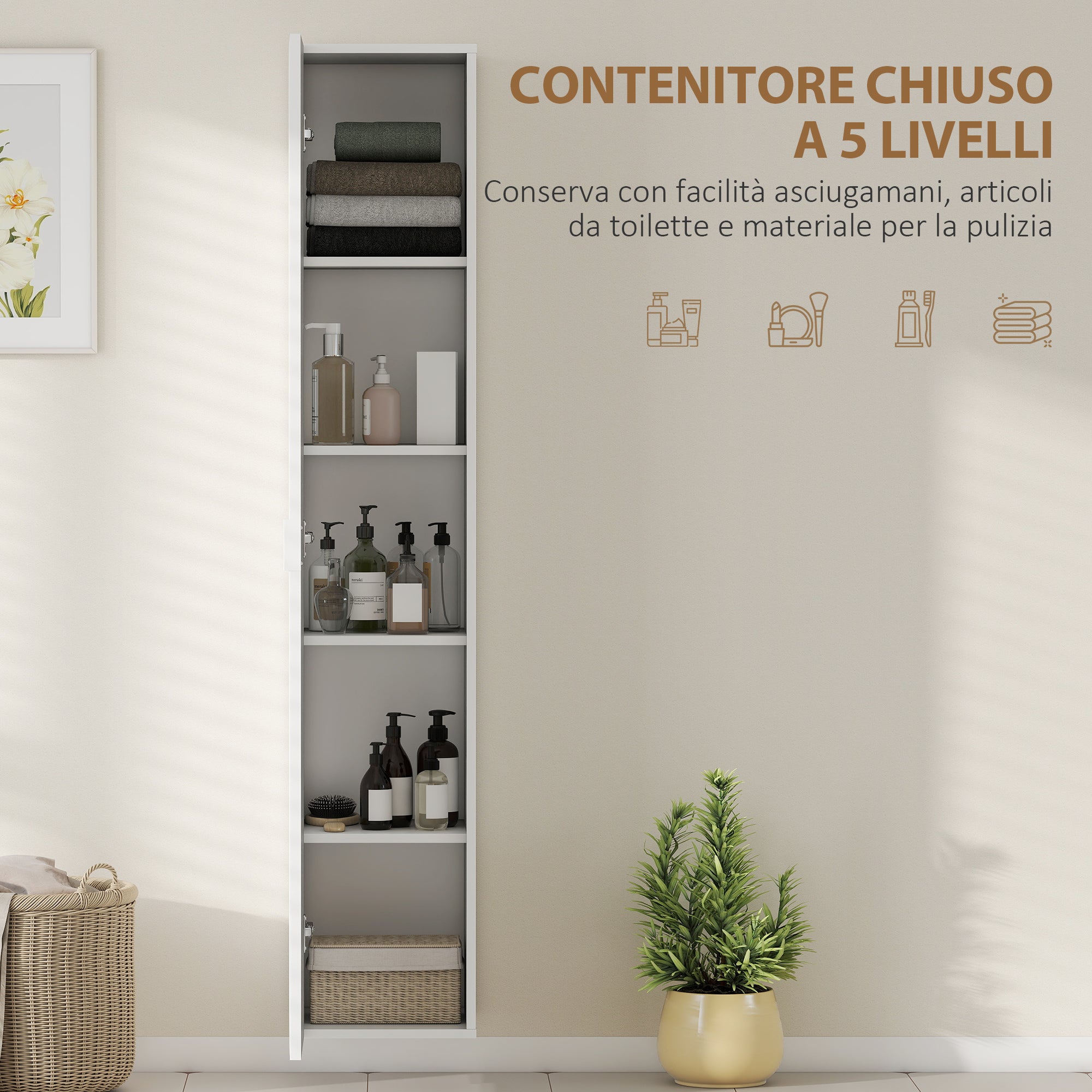 Wall-Mounted Bathroom Cabinet with Adjustable Shelves and Soft-Close Closure, 30x31.5x160 cm, White