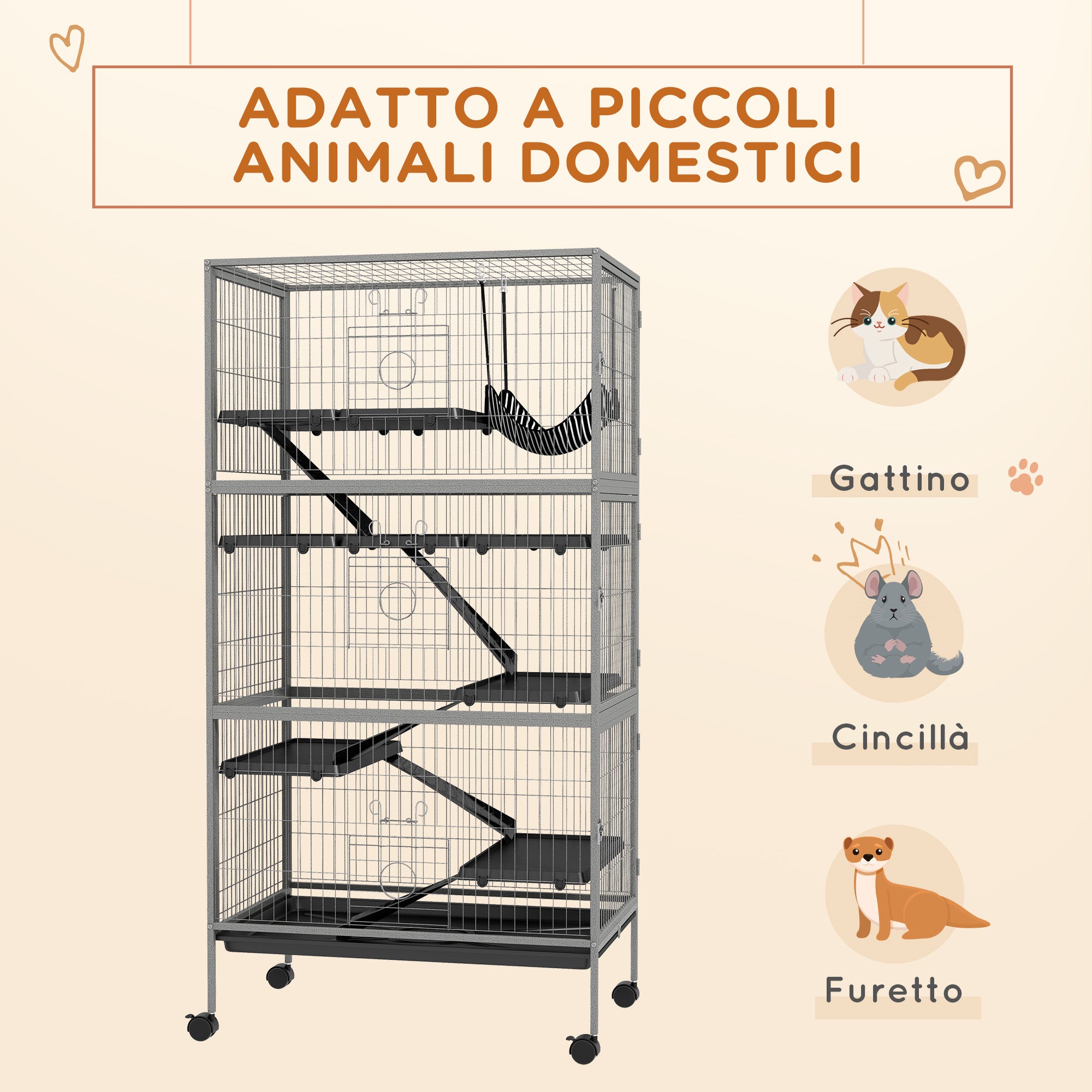 PawHut Rabbit Cage with 4 Entrances at Multiple Levels with Hammock, Steel and PP, 80x52x159 cm - Borgè