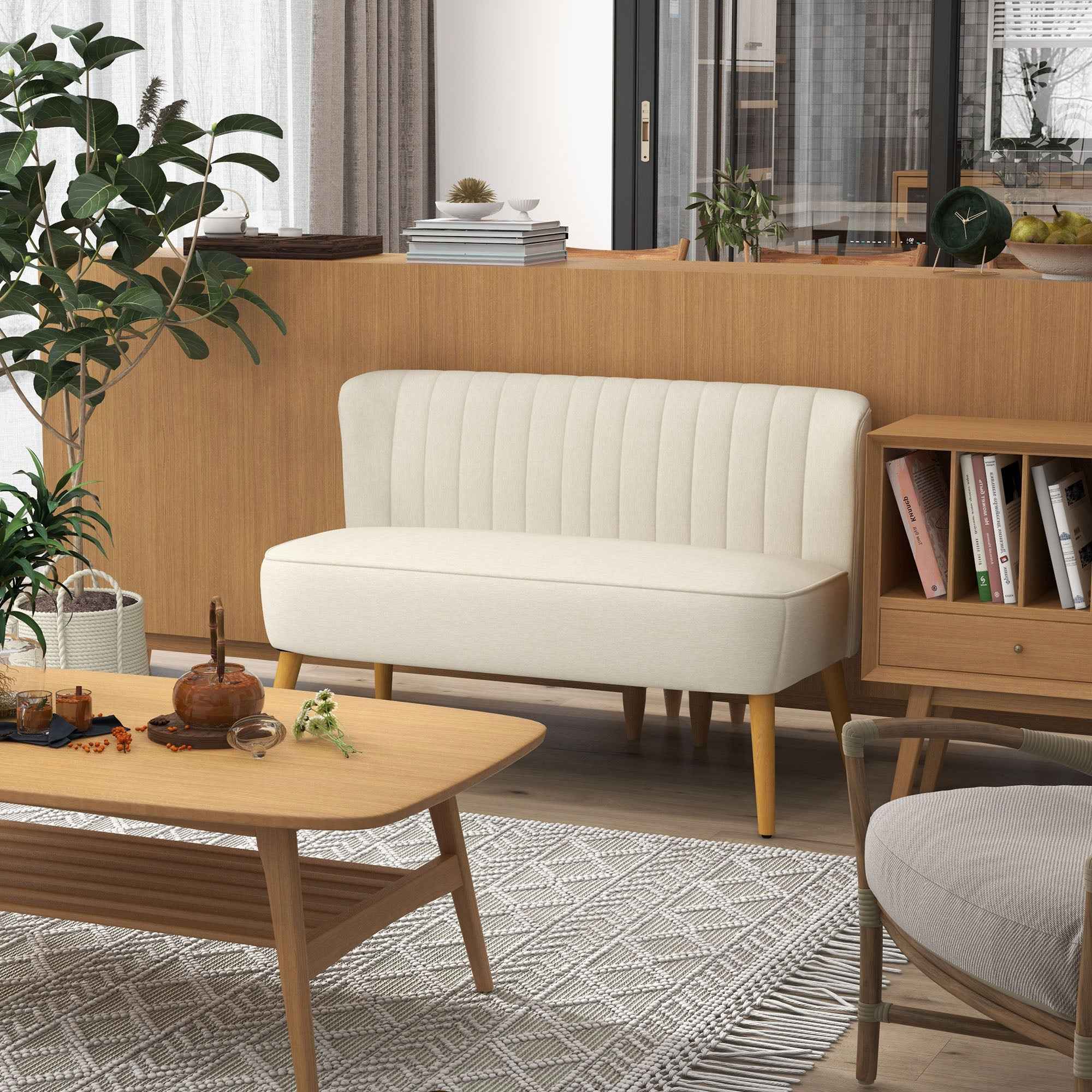 2-Seater Sofa in Linen-Effect Fabric without Armrests with Wooden Legs, 117x56.5x77 cm, Cream White