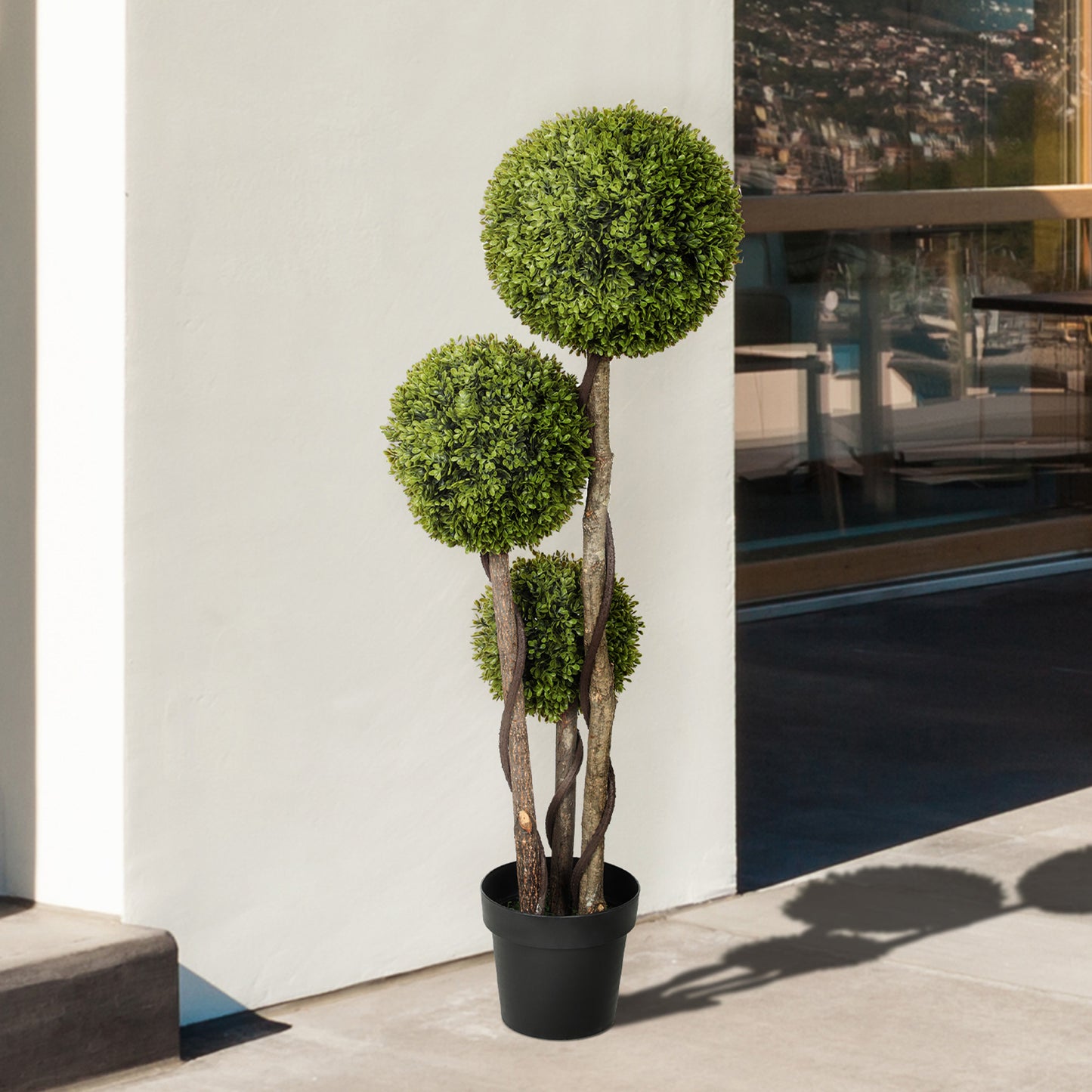 Artificial Boxwood Plant with 3 Balls and Pot Included and Reinforced Bottom, Height 115 cm