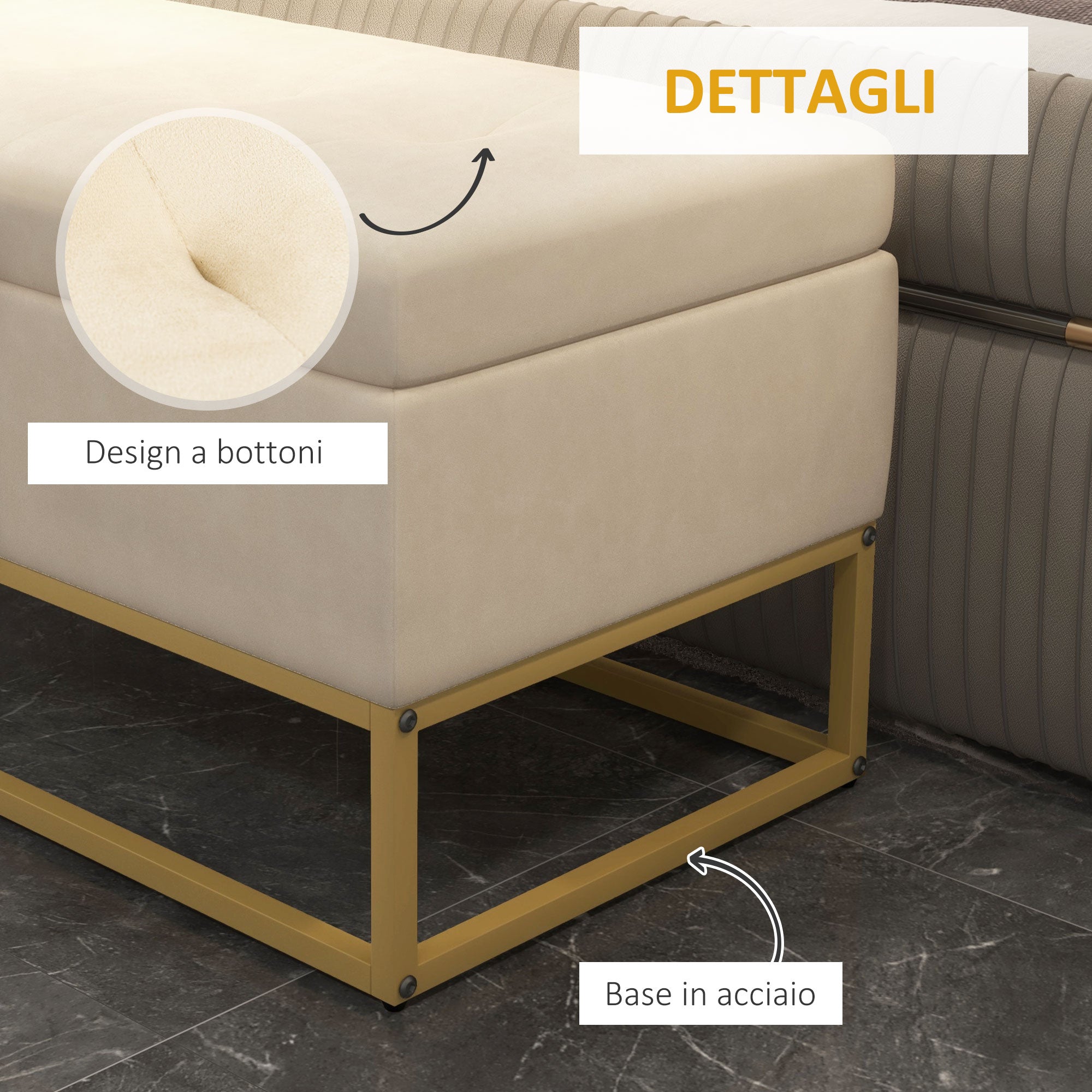 Rectangular Storage Bench with Padded Seat and Steel Legs, 110x44x49 cm, Beige