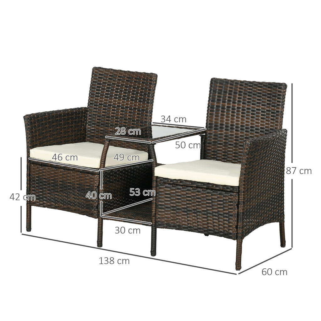 Outsunny garden set in Rattan with 2 modern chairs and coffee table, 138x60x87 cm, brown - Borgè