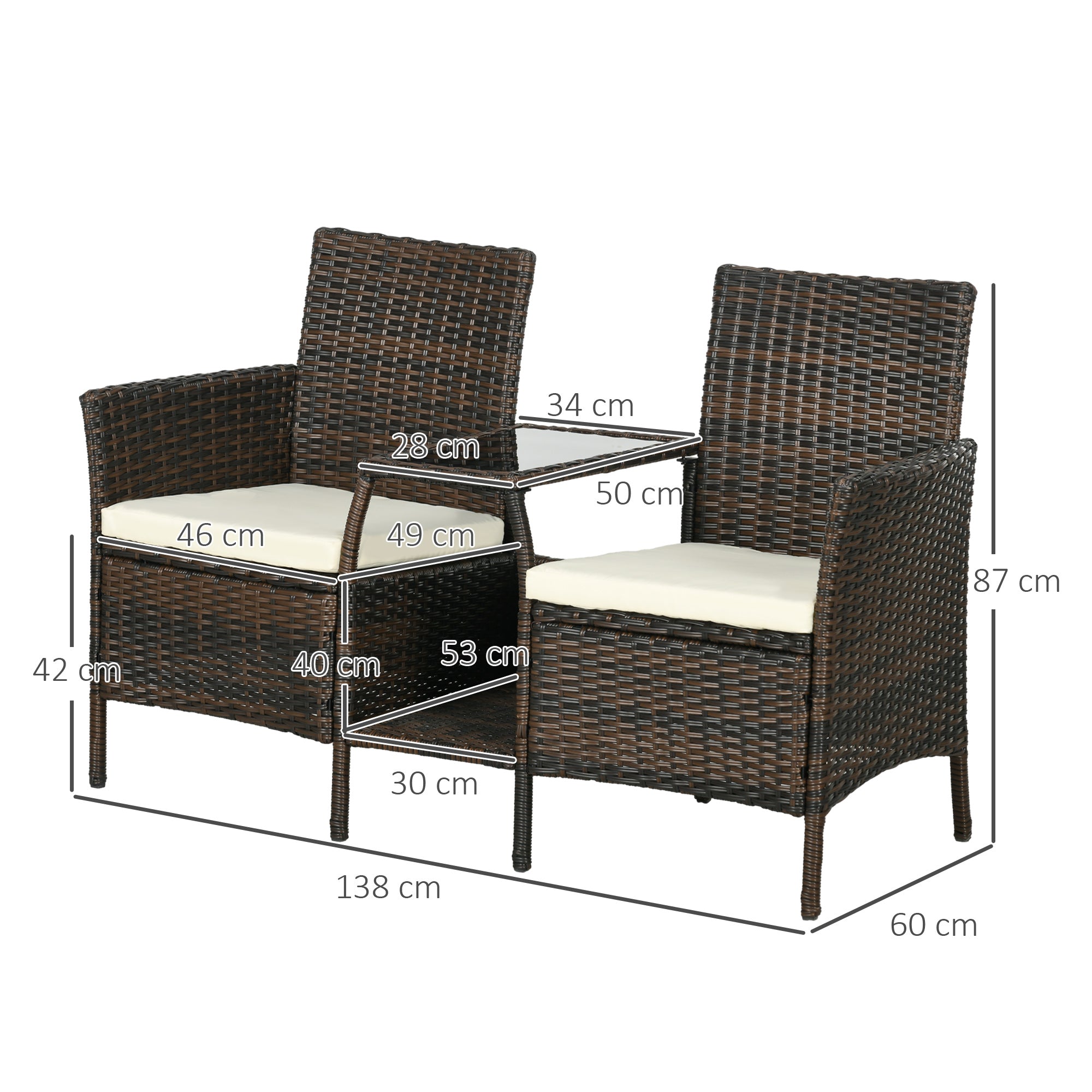 Outsunny garden set in Rattan with 2 modern chairs and coffee table, 138x60x87 cm, brown - Borgè